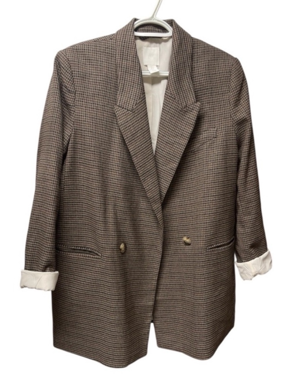 H&M checkered double-breasted tailored jacket in a brown houndstooth pattern M